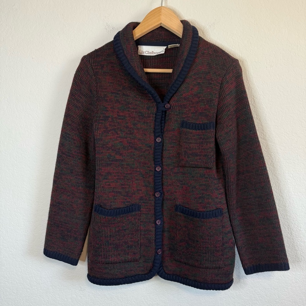 Vintage Liz Claiborne 100% Wool Multicolor Long Sleeve Button Front Cardigan